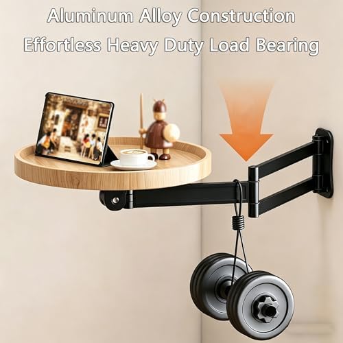 Retractable Wall Mounted Folding Table, 11.8" Adjustable Small Folding Round Desk with Retractable Aluminum Alloy Brackets for Bedroom Bathroom Balcony Living Room Saving (Oak Color)