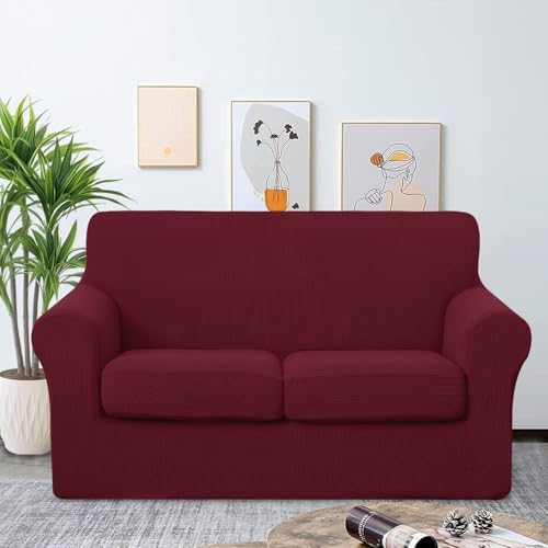 U-NICE HOME 3 Pieces Stretch Loveseat Couch Cover, Burgundy