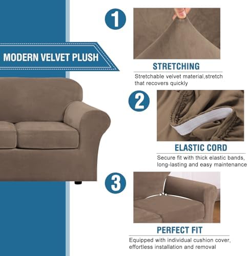 H.VERSAILTEX High Stretch Sofa Slipcover 4 Piece Cover Velvet Furniture Protector Form Fit Thick Velvet Extra Large Sofa Cover for 3 Cushion Couch Width Up to 97 Inch (Large Sofa, Mocha)
