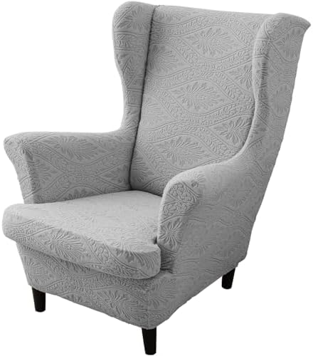 HAOYONG 2 Piece Wingback Chair Covers Stretch Wing Chair Slipcover Jacquard Wing Back Chair Covers with Arms Washable Armchair Cover Protection Furniture for Living Room and Bedroom (Light Gray)