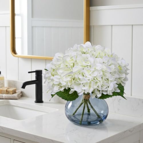 Hollyone White Hydrangea Artificial Flowers with Glass Vase Silk Faux Flowers Arrangements with Faux Water in Blue Vase Fake Floral Bulk Bouquet for Home Decor Table Centerpiece Decorations