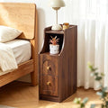Ultra Narrow Nightstand with Charging Station, Slim Bedside Table with Hidden Power Outlet, 2 Drawers & Open Shelf, Mid-Century Modern End Table with Fenced Top for Small Spaces (Walnut, 1)