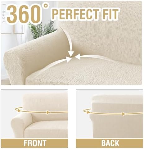 H.VERSAILTEX Jacquard Sofa Slipcover with Waterproof Seat Furniture Protector 1 Piece Stretch Sofa Covers with Elastic Bottom for Kids, Pets, Dog(Sofa L, Ivory)