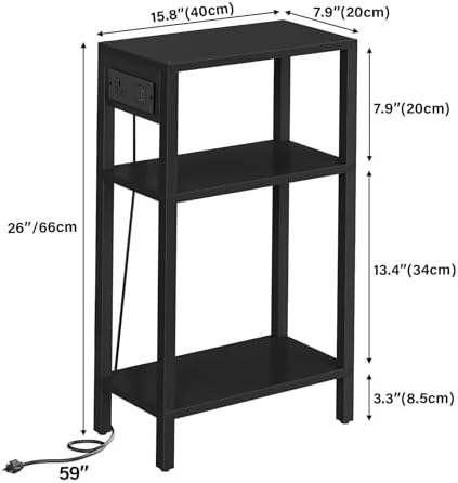 TUTOTAK Narrow Side Table, 3-Tier Small End Table with Charging Station
