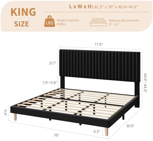 King Bed Frame with Adjustable Headboard, Velvet Upholstered Platform Bed