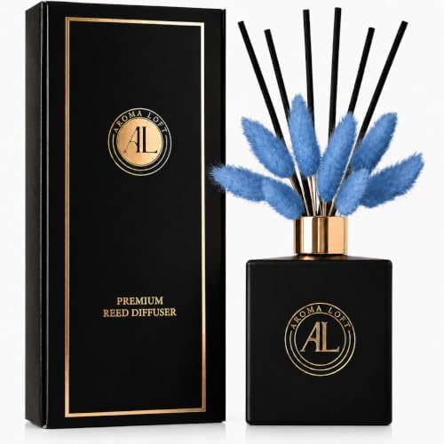 Black Reed Diffuser Sticks in Oil Set with Cashmere Vanilla Scent | Long-Lasting Reed Diffusers for Home, Office & Bedroom Decor Fragrance Diffuser | BunnyTail Blue Dried Flowers | (5 oz)