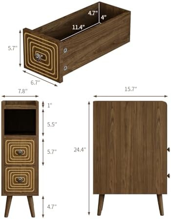 7.8" Narrow Nightstand Set of 2 with 2 Drawers & Open Storage,Walnut