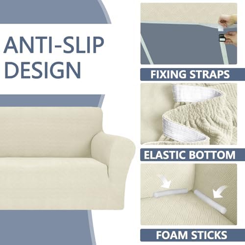 JIVINER Stretch Sofa Covers 1 Piece Couch Covers for 3 Cushion Couch Sofa, 3 Seater Sofa Slipcovers Furniture Protector with Elastic Bottom for Kids, Pets (Large, Beige Rhomb)