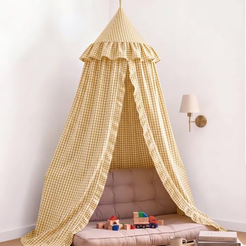 SmoothNovelty Gingham Plaid Bed Canopy, Yellow White, Round