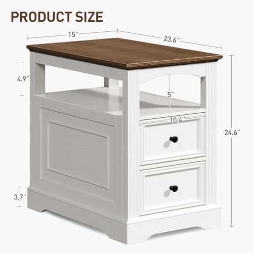 RALGEND Farmhouse End Table with 2 Drawers and Open Shelf, White and Walnut