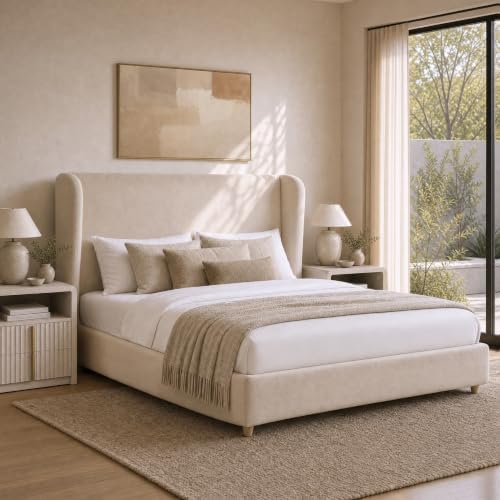 ModernMate Queen Upholstered Platform Bed Frame, Wingback Headboard, Beige