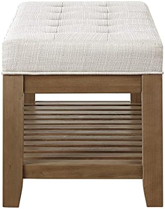 24KF Large Rectangular Upholstered Tufted Linen Ottoman Bench, Padded Bench with Solid Wood Shelf-Ivory