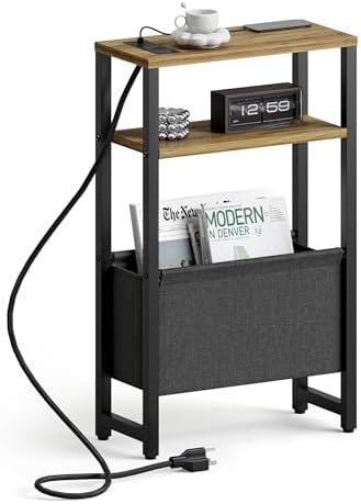 Narrow Side Table with Charging Station Slim End Table Sofa with Magazine Rack, Bedside Table for Small Spaces, 3 Tier Nightstand for Living Room Couch, Bedroom Walnut Brown LET503BRE