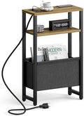 Narrow Side Table with Charging Station Slim End Table Sofa with Magazine Rack, Bedside Table for Small Spaces, 3 Tier Nightstand for Living Room Couch, Bedroom Walnut Brown LET503BRE