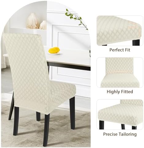 SearchI Dining Room Chair Covers Set of 4, Stretch Jacquard Parsons Chair Slipcovers Super Fit Removable Washable Kitchen Chair Protector Cover for Dining Room, Hotel, Ceremony (Cream)