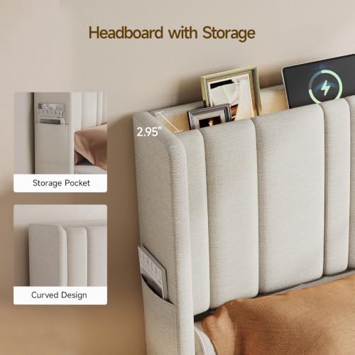 ONBRILL Full Size Headboard with Storage, LED Light, Off White