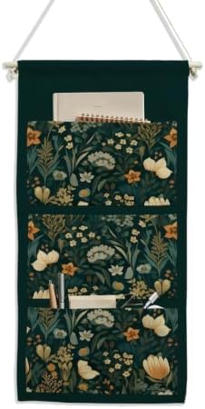 IAXIC Canvas Wall Hanging Organizer with Pockets Fish Extender Hanging Pouch Dark Floral Door Closet Organizers Fabric Storage Pockets Wall Decoration