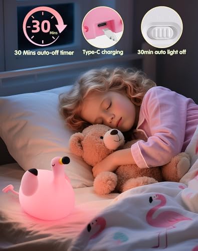 YISUN Flamingo Night Light for Kids, Soft Silicone Nursery Night Lamp Rechargeable LED Bedside Lamp with Timer, 3 Level Dimmable Cute Night Lights for Bedroom, Living Room, Dining, Gift