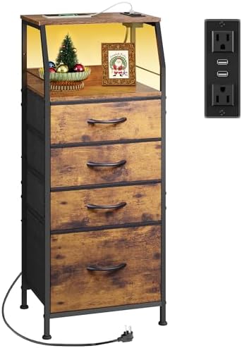 WLIVE 4 Drawer Dresser for Bedroom, 37" H Nightstand with Charging Station and Led Light, Tall Night Stand Bed Side Table, End Table with USB Ports and Outlets, Fabric Bins, Wood Shelf, Rustic Brown