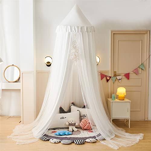 VETHIN Bed Canopy Double Layer Princess Round Dome Dreamy Mosquito Net Bedding Girls Room Castle Play Tent Hanging House Decor Reading Nook Canopies(White/White)