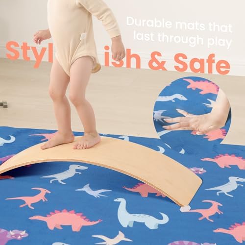 Baby Play Mat for Floor,1.3" Thick Cushioned Playpen Mat 50"x50",Extra Soft Elasti-Foam,Water Repellent Coral Velvet,Non-Slip for Crawling&Tummy Time,Infant Toddler Kids Nursery Rug(Dinosaur)