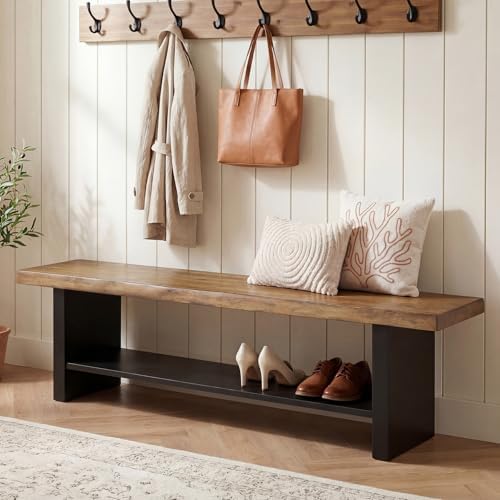 55" Solid Wood Bench with Shoe Storage, 2-Tier Farmhouse Entryway Bench, Narrow Rustic Brown Bench for Bedroom, Hallway