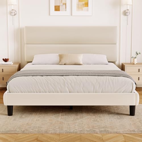 GRUSIGN Queen Size Platform Bed Frame with Velvet Headboard, Adjustable Height Wooden Slats Support, Upholstered Mattress Foundation, Fits Mattress or Mattress with Box Spring, Easy Assembly, Beige