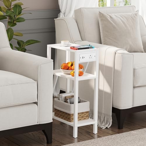 TUTOTAK Narrow Side Table, 3-Tier Small End Table with Charging Station