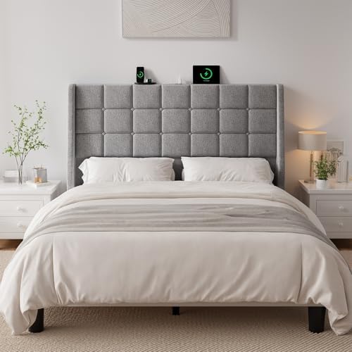 ONBRILL Ergonomic Headboard Queen Size with Charging Station, Light Grey