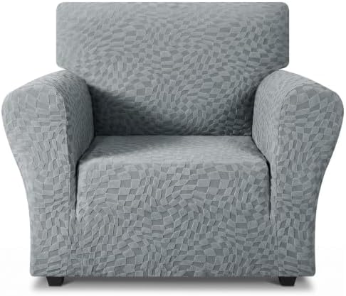 ZNSAYOTX 1 Piece Stretch Chair Cover with Arms (34"-44"), New Plaid Armchair Cover with Elastic Band for Living Room, Ultimate Soft Cozy Washable Chair Slipcover Form Fit Protector, Light Grey