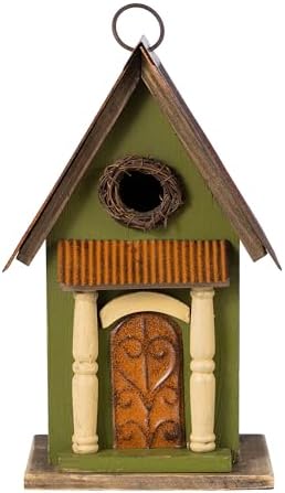 Glitzhome Hanging Birdhouse for Outdoors, Bird Houses for Outside, 11.25" H Vintage Distressed Decorative Wooden Bird House Garden Birdhouse for Bluebird Hummingbird Wren Finch Cardinals Cedar