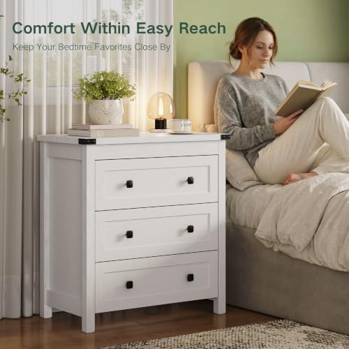 Farmhouse Nightstand with 3 Drawers, Wood Bedside Table, White