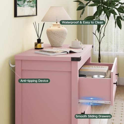 Farmhouse Nightstands Set of 2, Bedside Table with Drawers, Pink