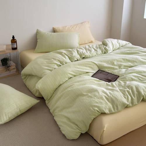 AOJIM Cottage Green Striped Duvet Cover Set King Size Textured Bedding 3Pcs