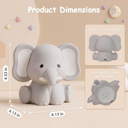 AVEKI Elephant Night Light, Silicone Touch Bedside Lamp (Grey)