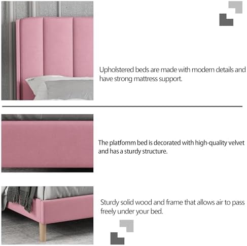 Full Size Bed Frame with Velvet Upholstered Headboard, Pink