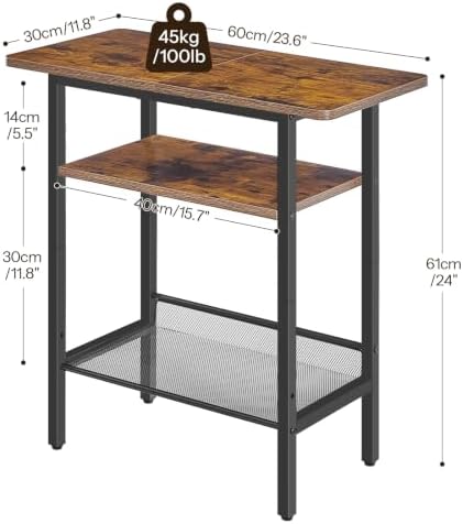 HOOBRO Side Table, Narrow End Table with Shelf and Wide Storage Tabletop, 3-Tier Bedside Tables for Small Spaces for Living Room, Bedroom, Study, Rustic Brown and Black BF366BZ01