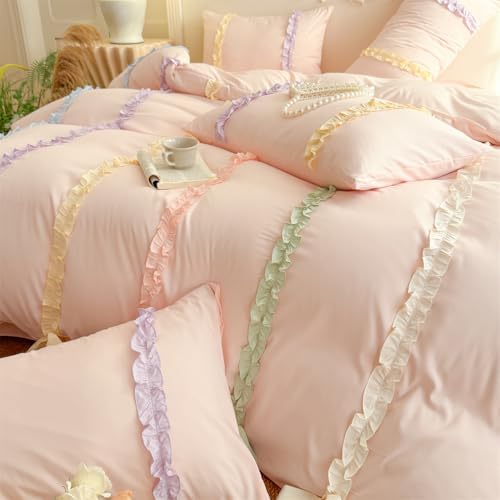 Colorful Striped Ruffled Bedding with Cute Bow,Chic Ruffle Romantic Full Duvet, Coquette Aesthetic Style 3 piece Duvet Cover Set-1 Full Duvet Cover with 2 Pillowcases, No Comforter