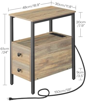 HOOBRO End Table with Charging Station, Narrow Side Table with 2 Drawer & USB Ports & Power Outlets, Nightstand for Small Spaces, for Living Room, Bedroom, Sapphire Brown UC541BZ01