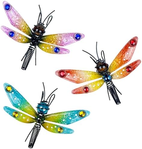 3Pcs Dragonfly Decorations for Flower Pots - Iron and Glass Painted Hanging Dragonflies Ornaments, Plant Pot Potted Hanger Figurines, Outdoor Garden Pendant Decor