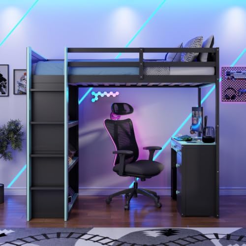 LUMISOL Twin Gaming Loft Bed with Desk and Storage Shelves, Solid Wood Loft Bed with Drawers and Computer Desk for Teens, Space Saving High Loft Bed Frame for Kids Bedroom Blue