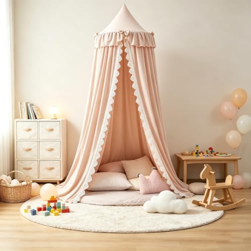Kertnic Lace & Bow Decor Princess Canopy for Girls Bed, Soft Ruffled Playing Tent Canopy Room Decoration Castle, Reading Nook Canopies in Home (Pink)