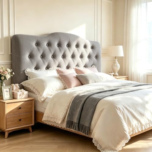 Linen Stitched Tufted King Headboard, Adjustable Height 34-43 in, Gray Padded Support for Reading, Relaxing or Working in Bed, Stable Non-Slip Design, Fits Bed Frame