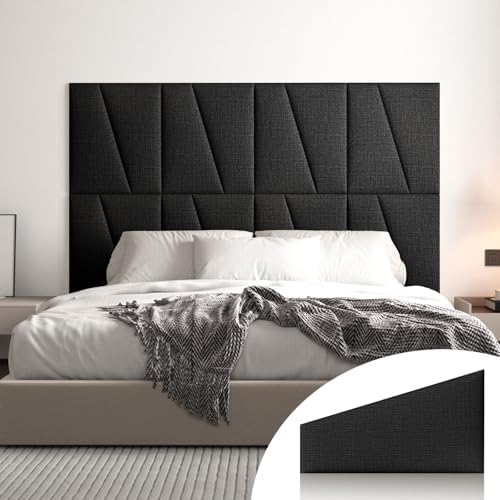 Peel and Stick Headboard for Twin Bed Linen Fabric Upholstered Wall Mounted Headboard - Wall Padding Panel in Black for Bedroom/Living Room/Dorm (4 Panels)