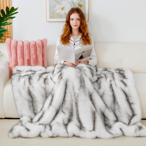 Touchat Luxury Faux Fur Queen Blanket, Grey, 80''x80''