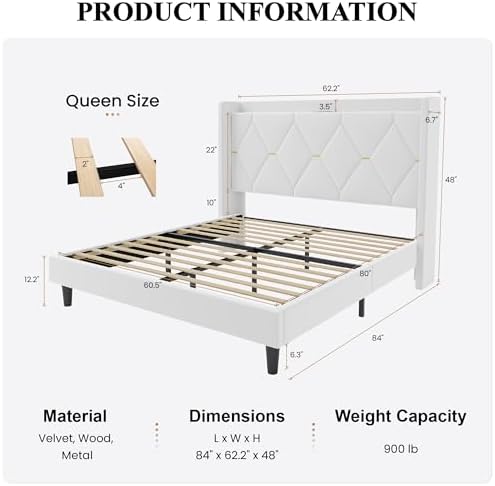 SHA CERLIN Queen Bed Frame with Storage Headboard & Charging Station