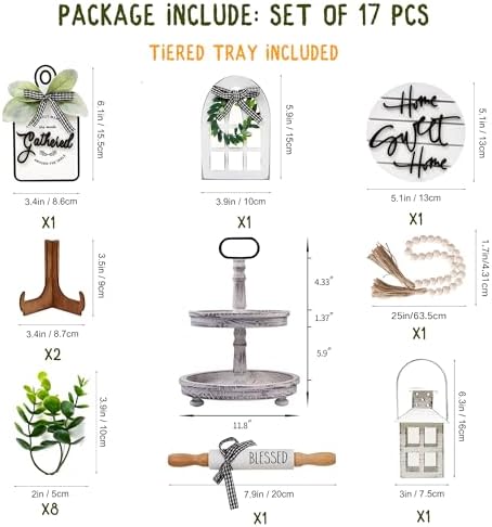 Houmury Set of 17 Farmhouse Tiered Tray with 1 Lantern Artificial Plant& Cutting Board Sign for Rustic Home Sweet Home Kitchen Decor Tier Tray Decor Set