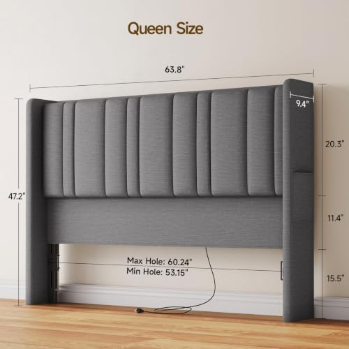 ONBRILL Queen Size Headboard with Storage, LED Light, Grey