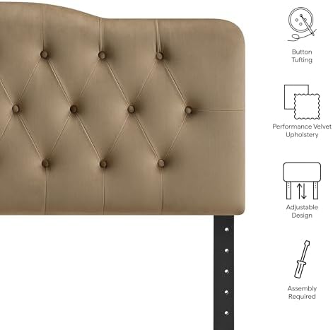 Modway Annabel Performance Velvet Adjustable Full Headboard in Taupe - Stain-Resistant Padded Headboard Only with Diamond Button Tufting and 7 Height-Adjustable Positions