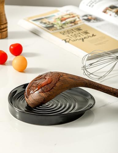 Ceramic Spoon Rest for Stove Top, Spoon Holder for Kitchen Counter, Farmhouse Cooking Utensil Holder for Spoons, Ladles, Spatula, Matte Black